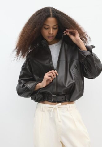 Leather Effect Balloon Jacket with Belt