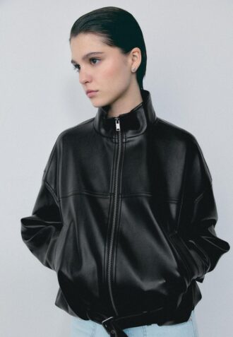 Leather Effect Balloon Jacket with Belt