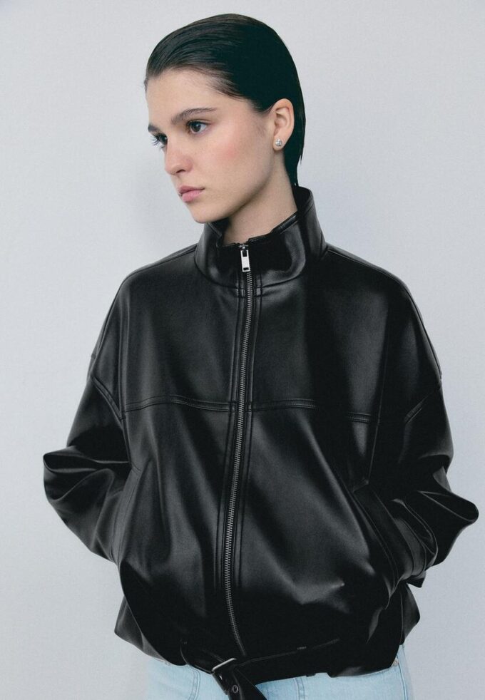 Leather Effect Balloon Jacket with Belt Leather Effect Balloon Jacket with Belt