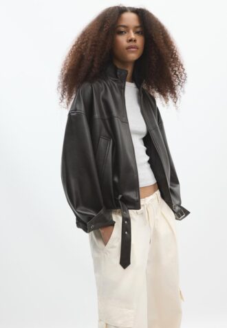 Leather Effect Balloon Jacket with Belt