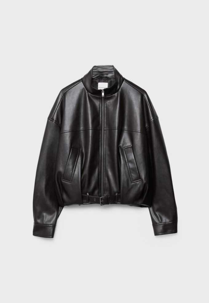 Leather Effect Balloon Jacket with Belt Leather Effect Balloon Jacket with Belt