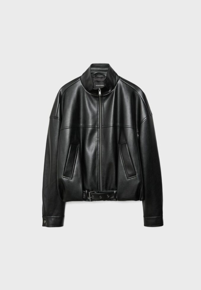 Leather Effect Balloon Jacket with Belt Leather Effect Balloon Jacket with Belt