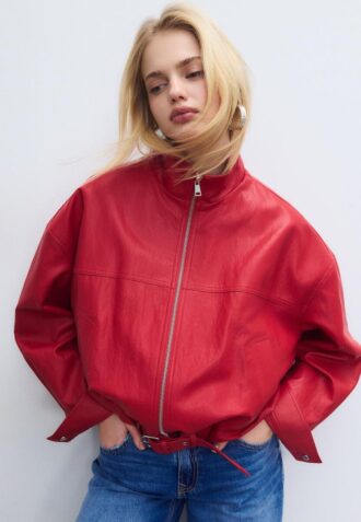 Leather Effect Balloon Jacket with Belt Detail