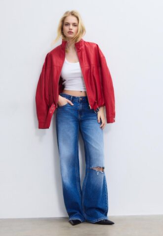 Leather Effect Balloon Jacket with Belt Detail