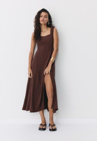 Linen-Look Cross-Back Midi Dress