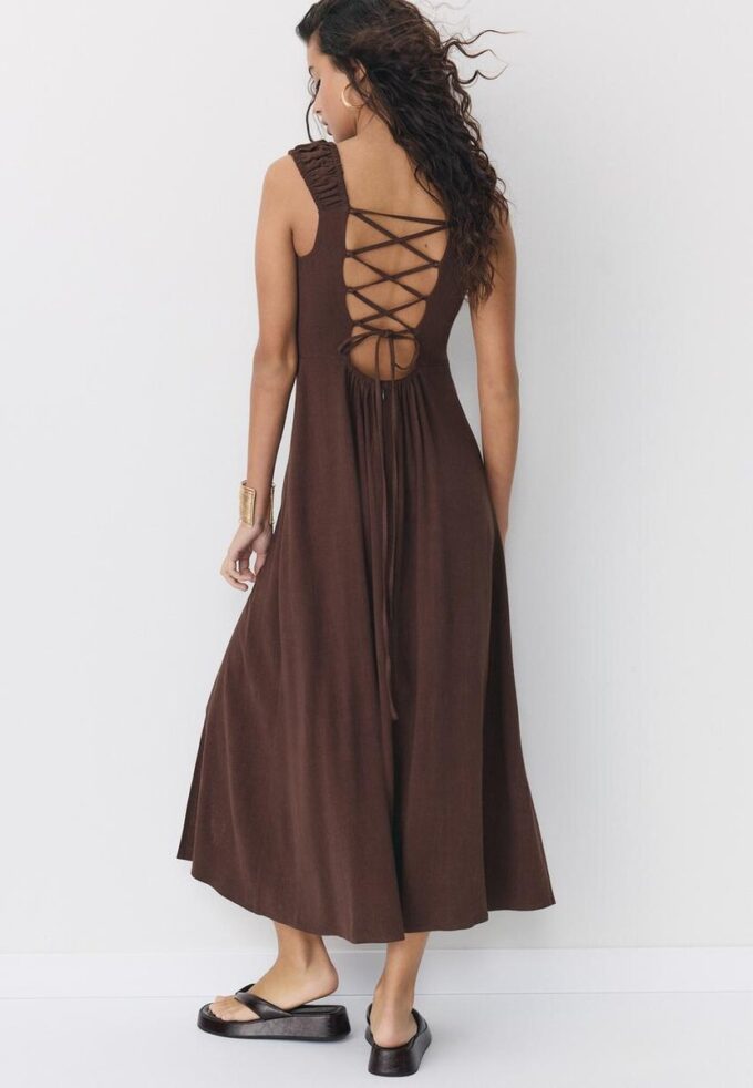 Linen-Look Cross-Back Midi Dress Linen-Look Cross-Back Midi Dress