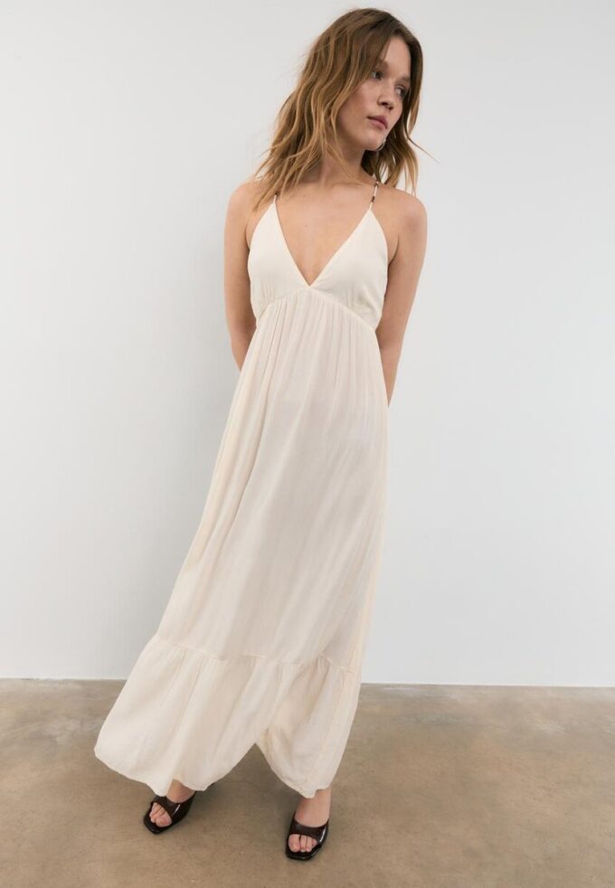 Long Crepe Dress with Beading Straps