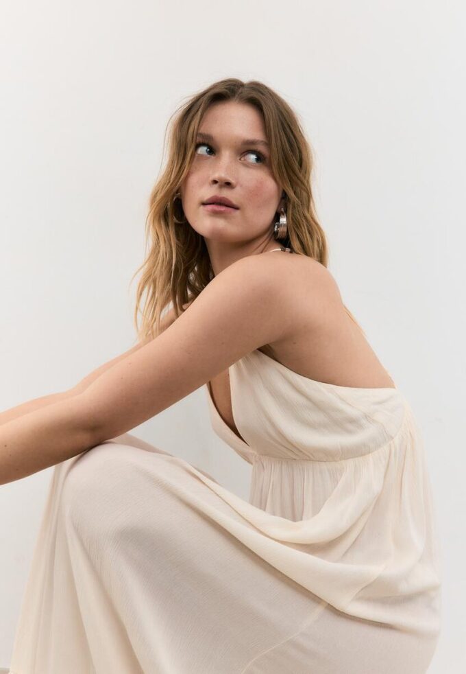 Long Crepe Dress with Beading Straps