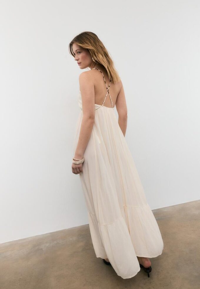 Long Crepe Dress with Beading Straps