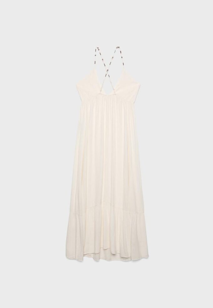 Long Crepe Dress with Beading Straps