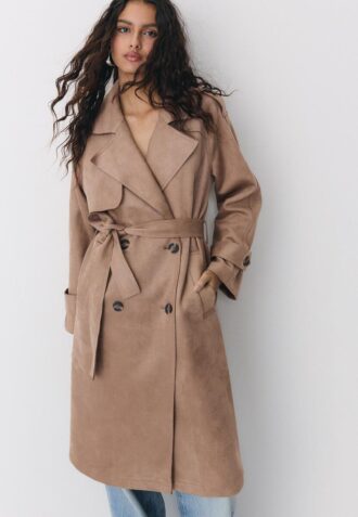Long Faux Suede Trench Coat