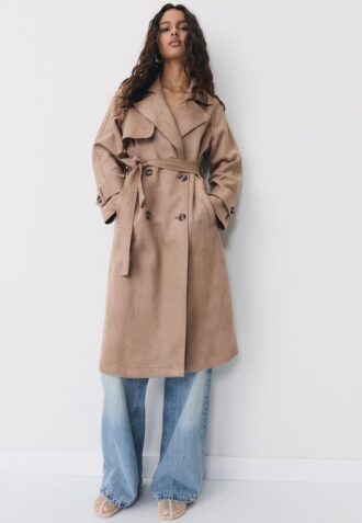 Long Faux Suede Trench Coat