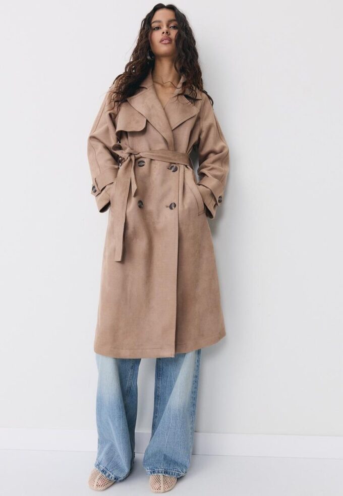 Long Faux Suede Trench Coat Long Faux Suede Trench Coat