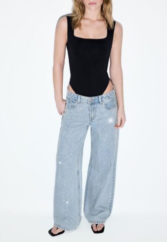 Low-Waist Wide-Leg Jeans with Rhinestones