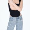 Low-Waist Wide-Leg Jeans with Rhinestones