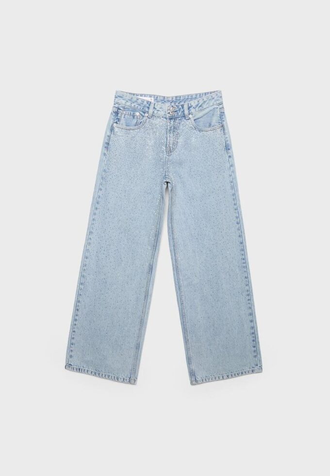 Low-Waist Wide-Leg Jeans with Rhinestones