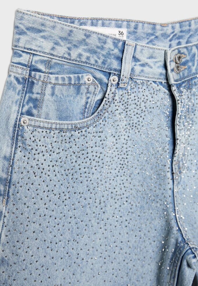 Low-Waist Wide-Leg Jeans with Rhinestones