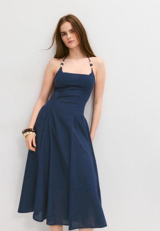 Midi Halter Dress with Bead Detail