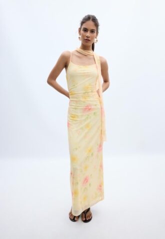 Printed Tulle Midi Dress with Scarf