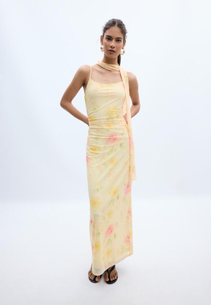 Printed Tulle Midi Dress with Scarf