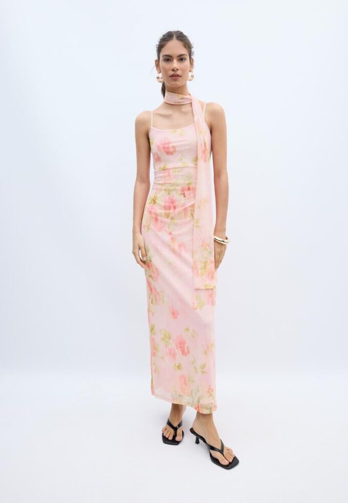 Printed Tulle Midi Dress with Scarf