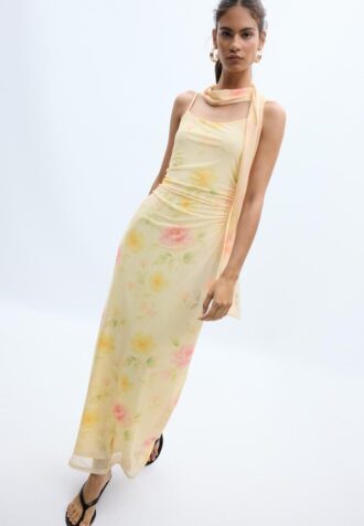 Printed Tulle Midi Dress with Scarf