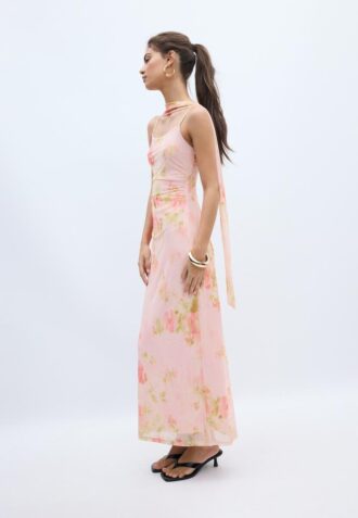 Printed Tulle Midi Dress with Scarf
