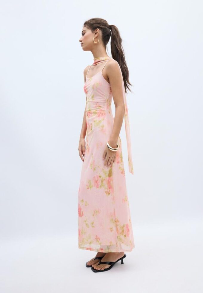 Printed Tulle Midi Dress with Scarf