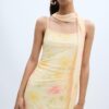 Printed Tulle Midi Dress with Scarf