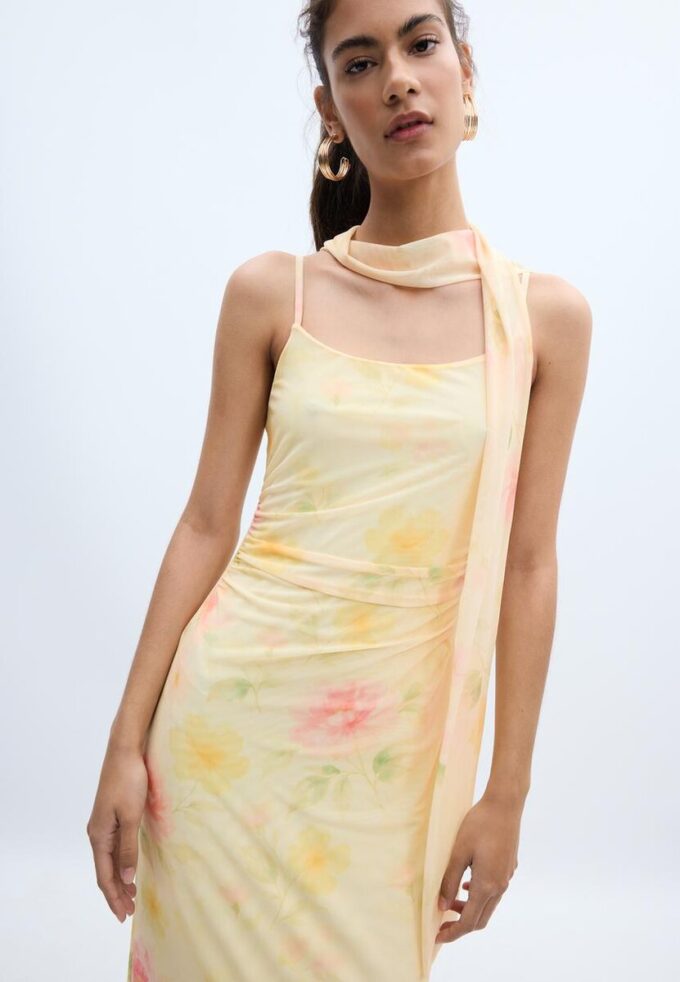 Printed Tulle Midi Dress with Scarf