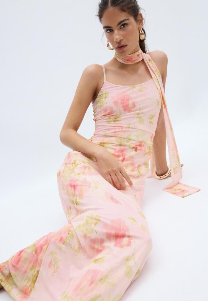 Printed Tulle Midi Dress with Scarf