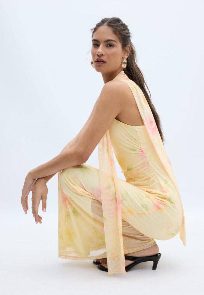 Printed Tulle Midi Dress with Scarf