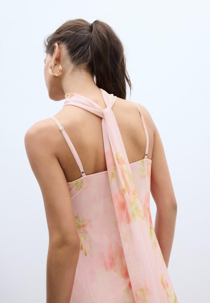 Printed Tulle Midi Dress with Scarf