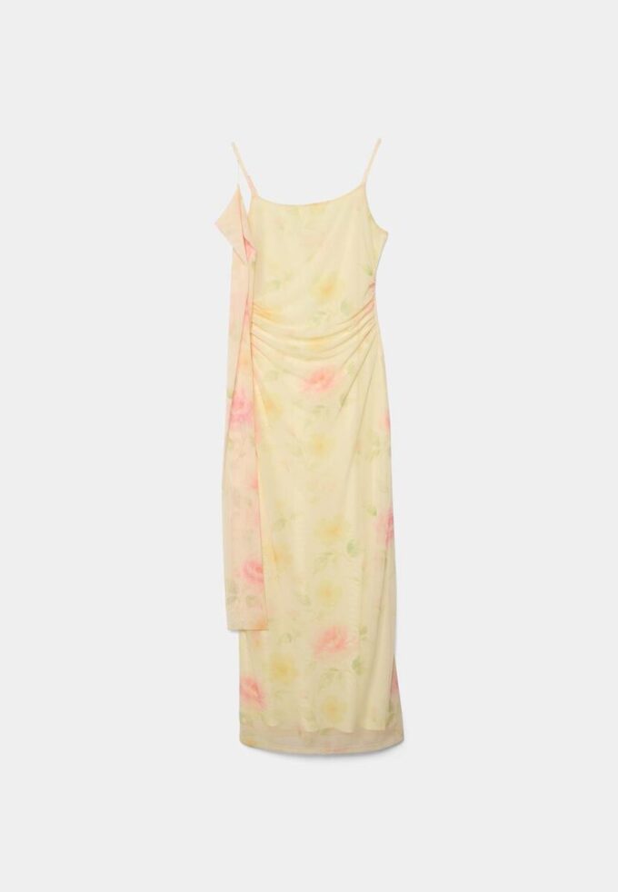 Printed Tulle Midi Dress with Scarf