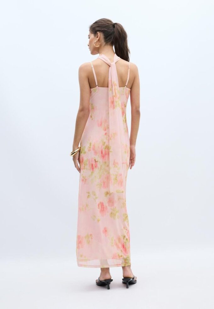 Printed Tulle Midi Dress with Scarf