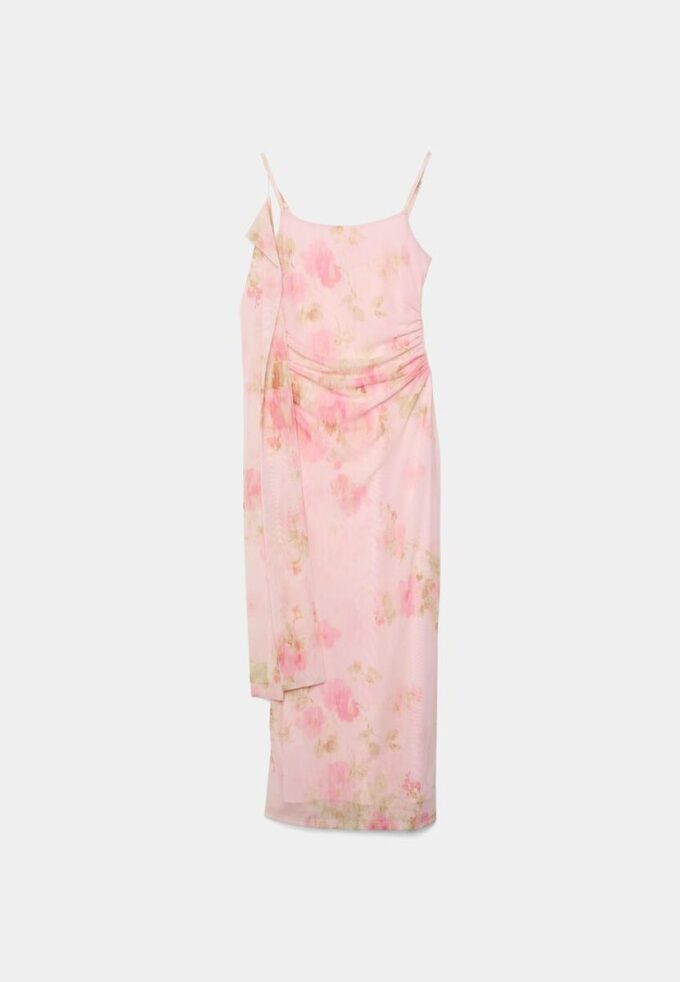 Printed Tulle Midi Dress with Scarf