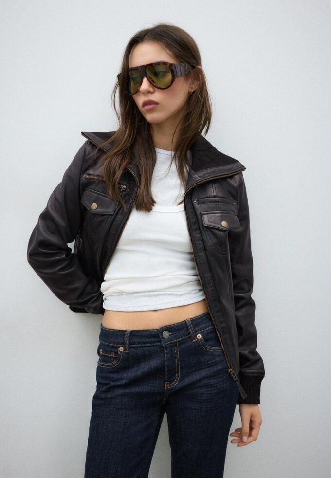 Ribbed Combined Leather Jacket Ribbed Combined Leather Jacket