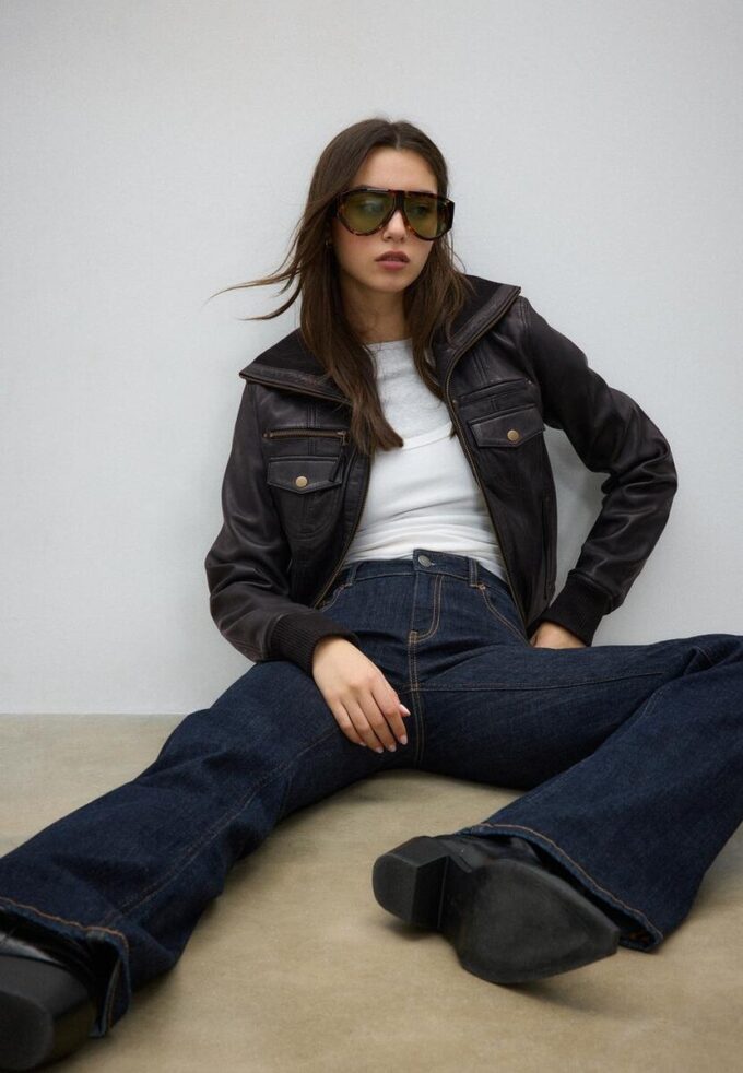Ribbed Combined Leather Jacket Ribbed Combined Leather Jacket