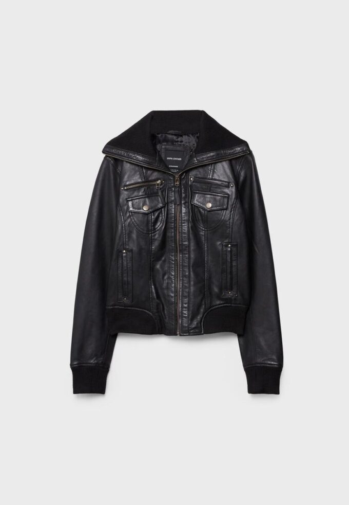 Ribbed Combined Leather Jacket Ribbed Combined Leather Jacket