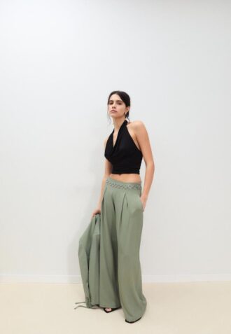 Satin Darted Trousers with Chain Belt