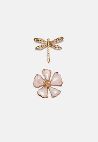 Set of 2 Dragonfly and Flower Brooches