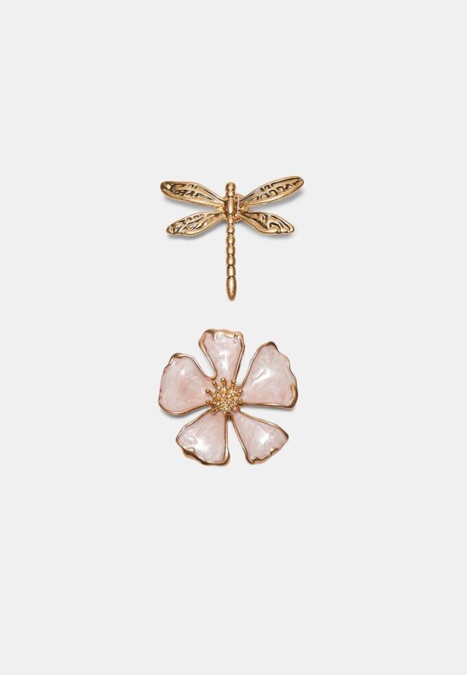 Set of 2 Dragonfly and Flower Brooches