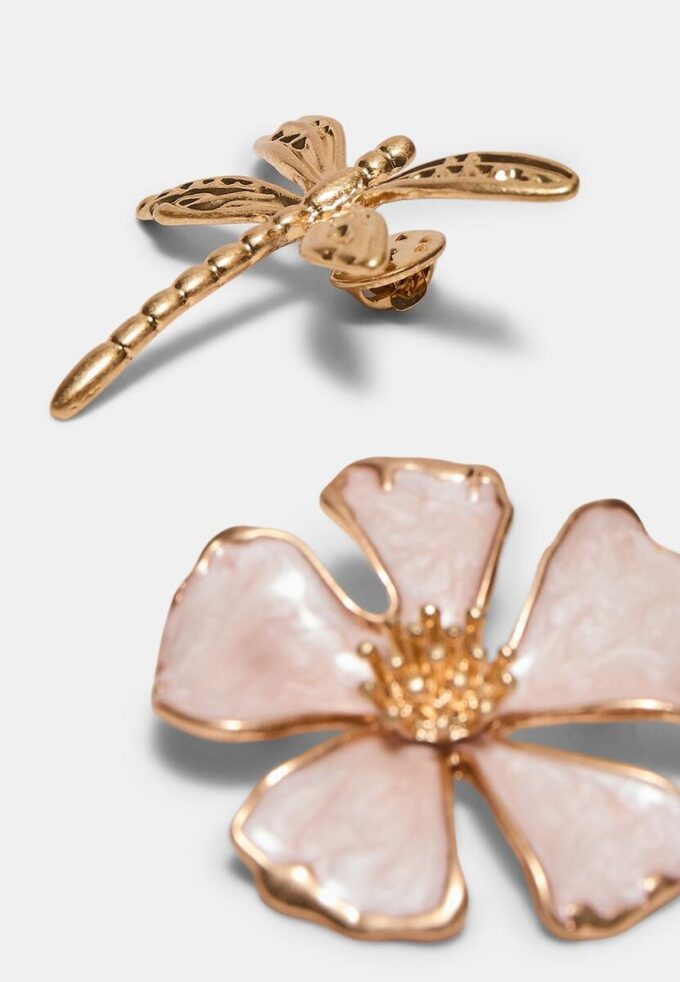 Set of 2 Dragonfly and Flower Brooches