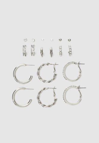 Set of 9 Rhinestone and Pearl Bead Hoop Earrings