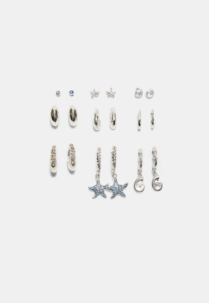 Set of 9 Rhinestone Starfish Earrings