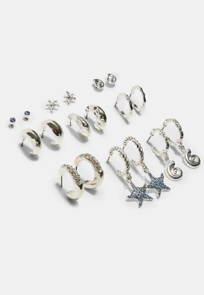 Set of 9 Rhinestone Starfish Earrings