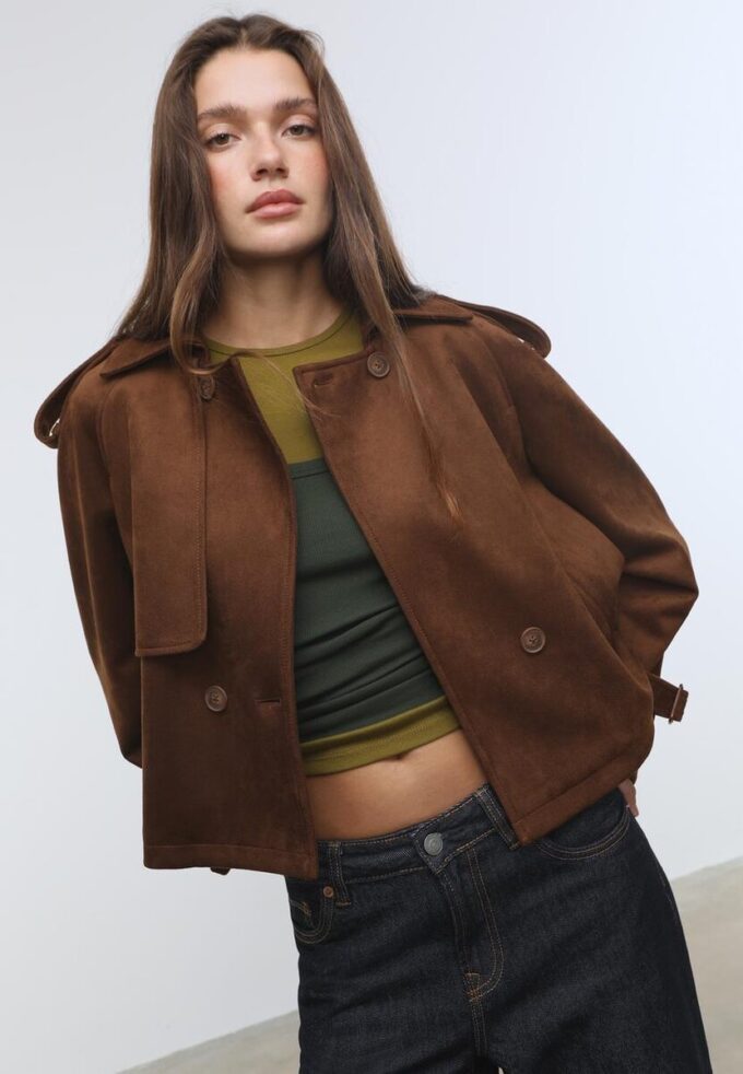 Short Faux Suede Trench Coat Short Faux Suede Trench Coat