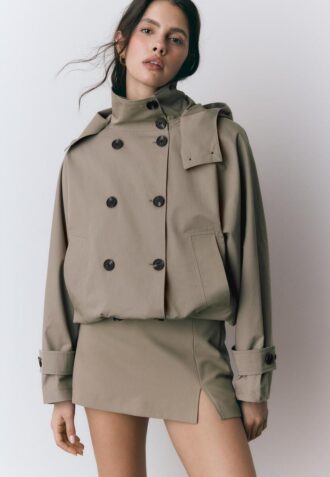 Short Puff Sleeve Trench Coat with Detachable Hood