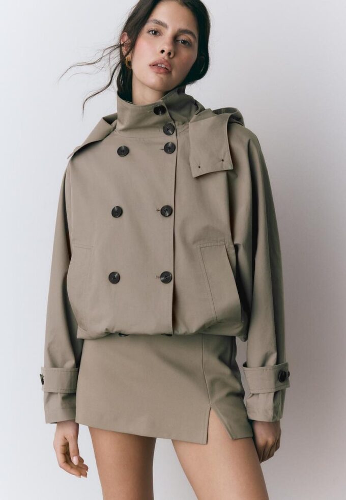 Short Puff Sleeve Trench Coat with Detachable Hood Short Puff Sleeve Trench Coat with Detachable Hood