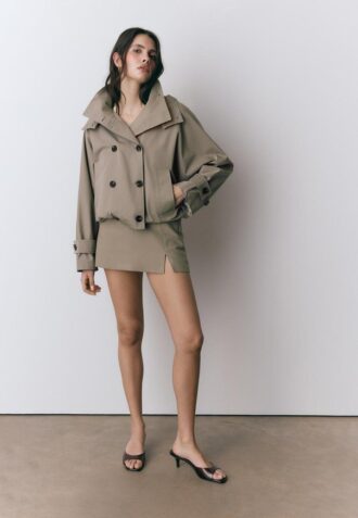 Short Puff Sleeve Trench Coat with Detachable Hood